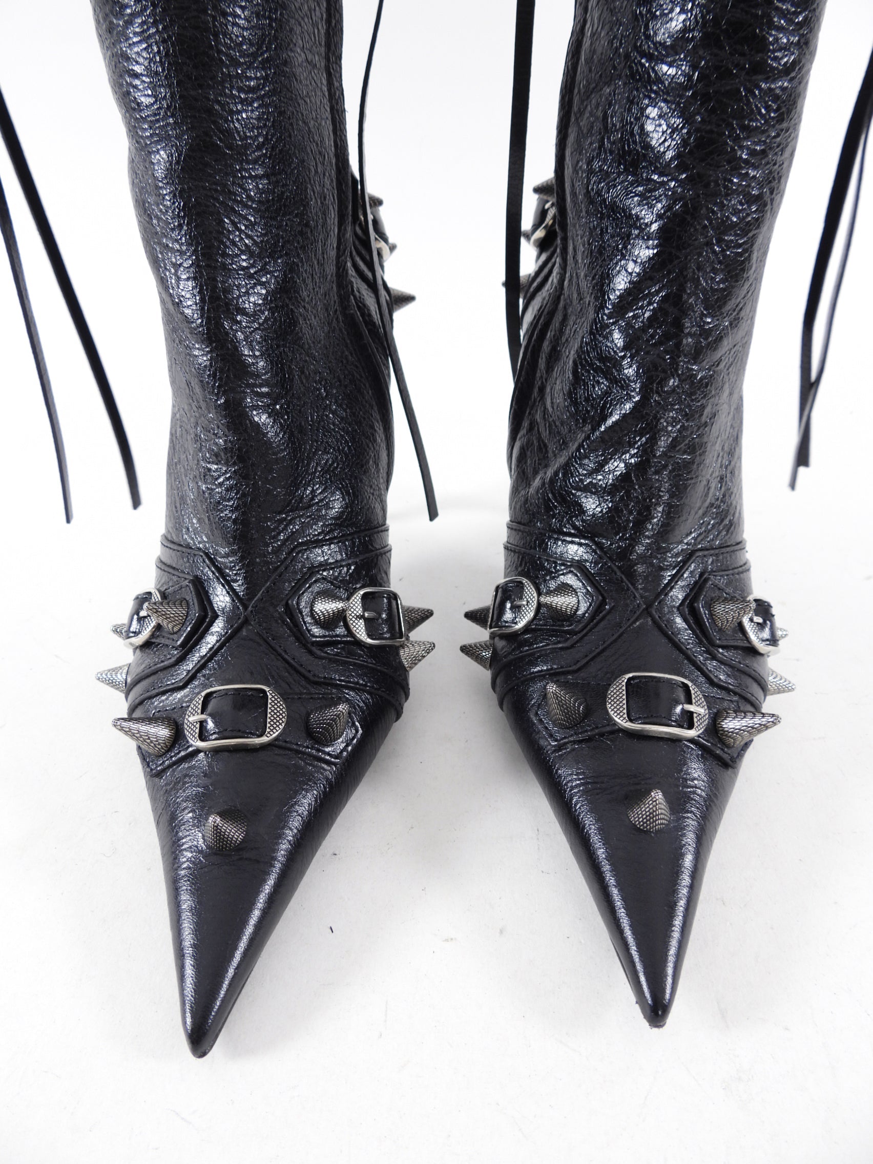 Balenciaga Black Leather Tall Spike Stud Cagole Boots - 38