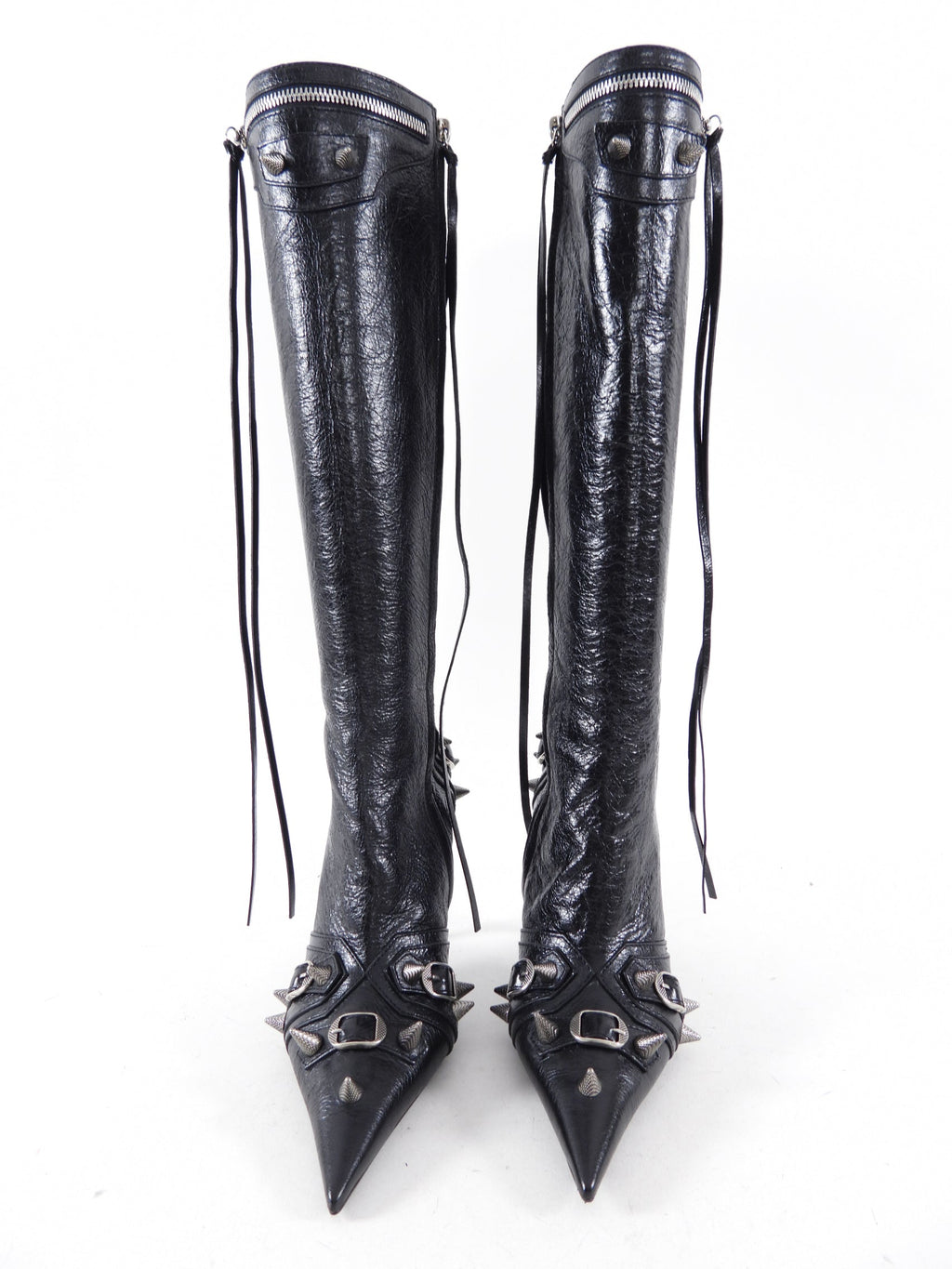 Balenciaga Black Leather Tall Spike Stud Cagole Boots - 38