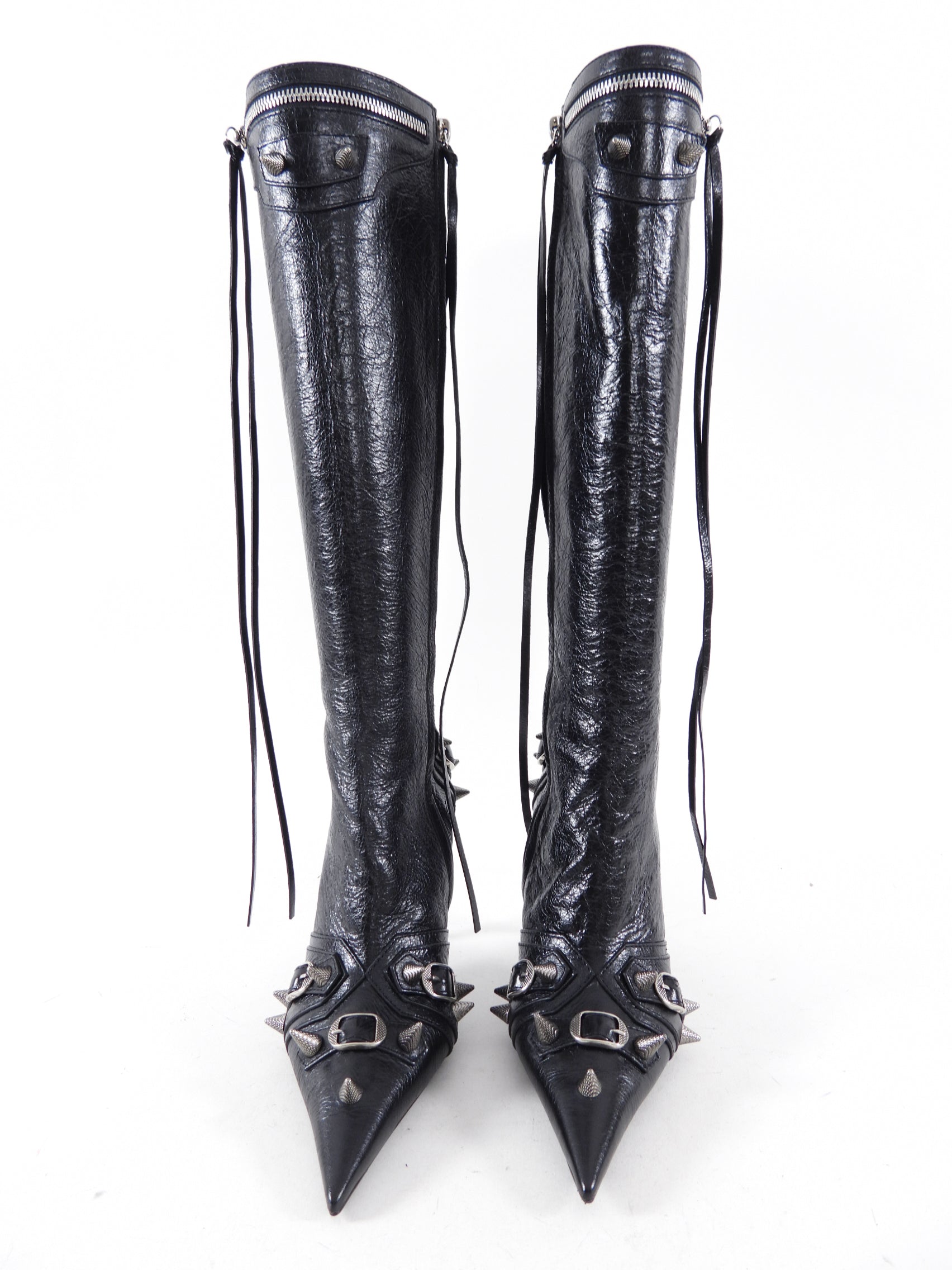 Balenciaga Black Leather Tall Spike Stud Cagole Boots - 38