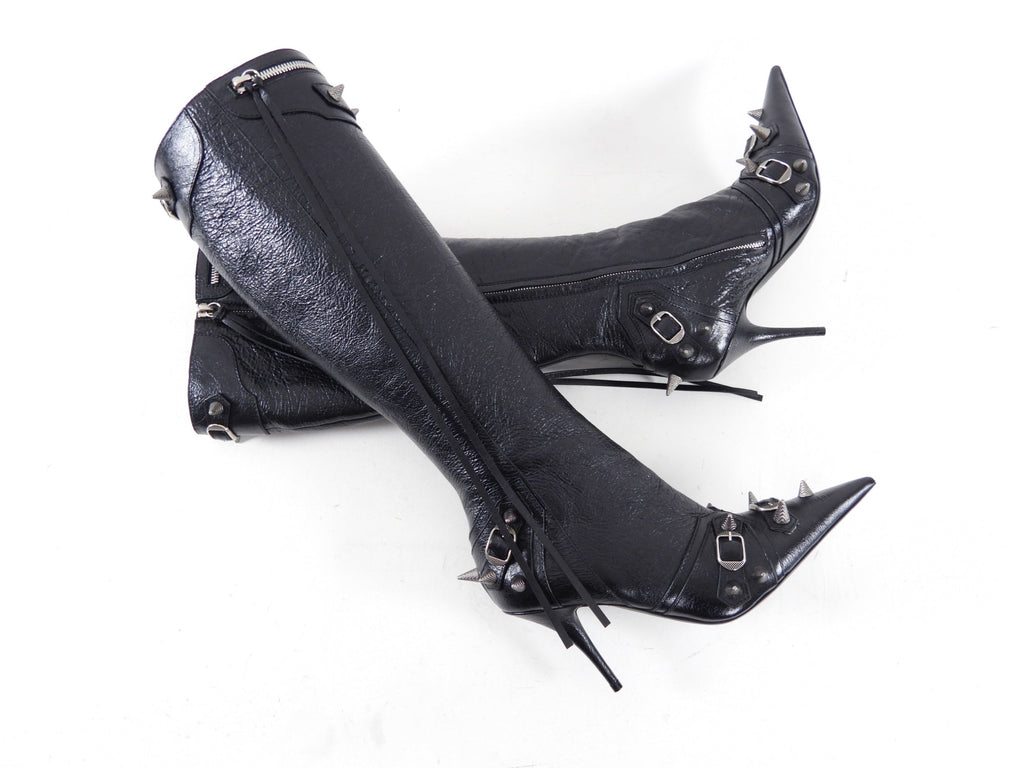 Balenciaga Black Leather Tall Spike Stud Cagole Boots - 38