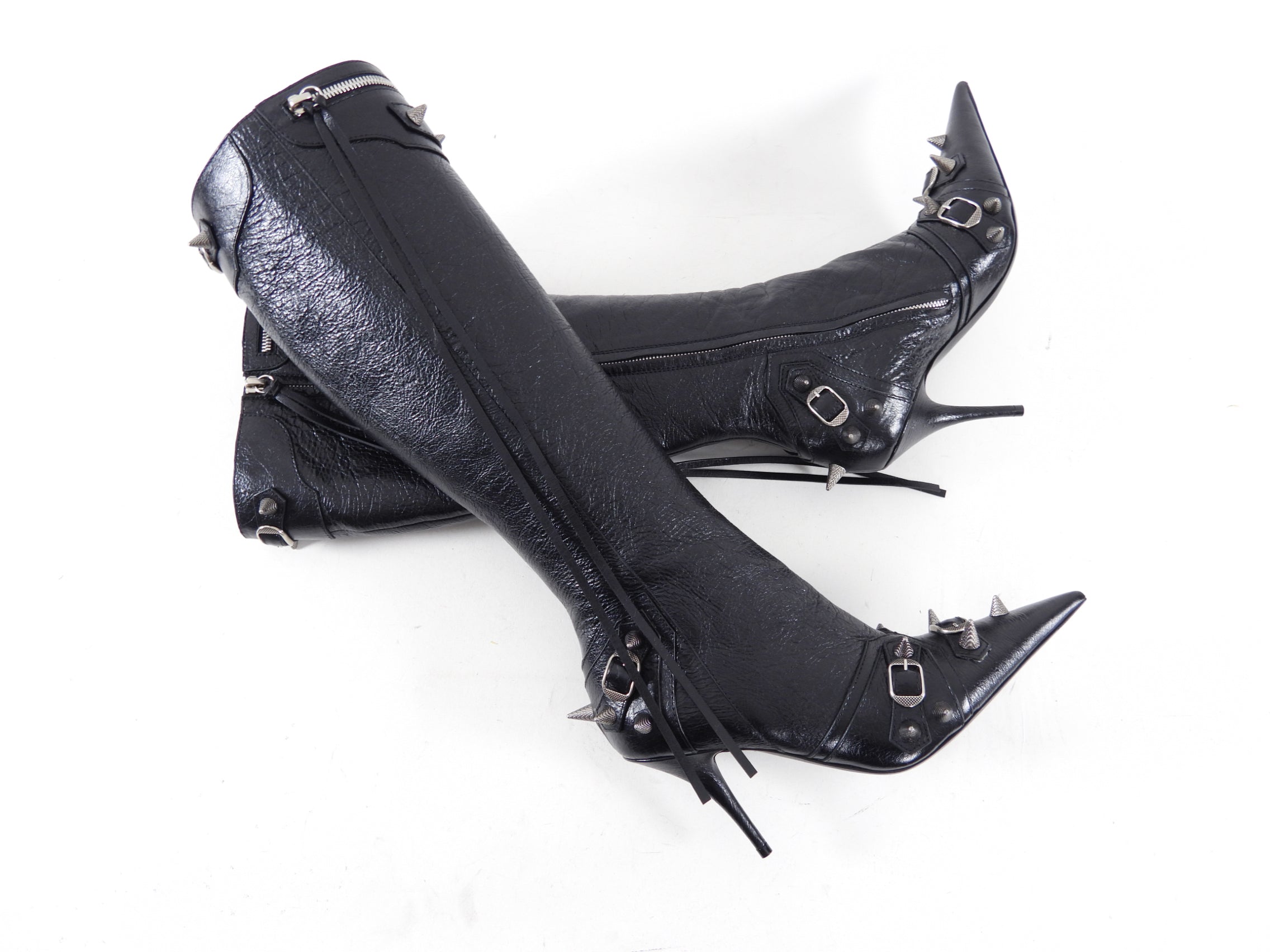 Balenciaga Black Leather Tall Spike Stud Cagole Boots - 38