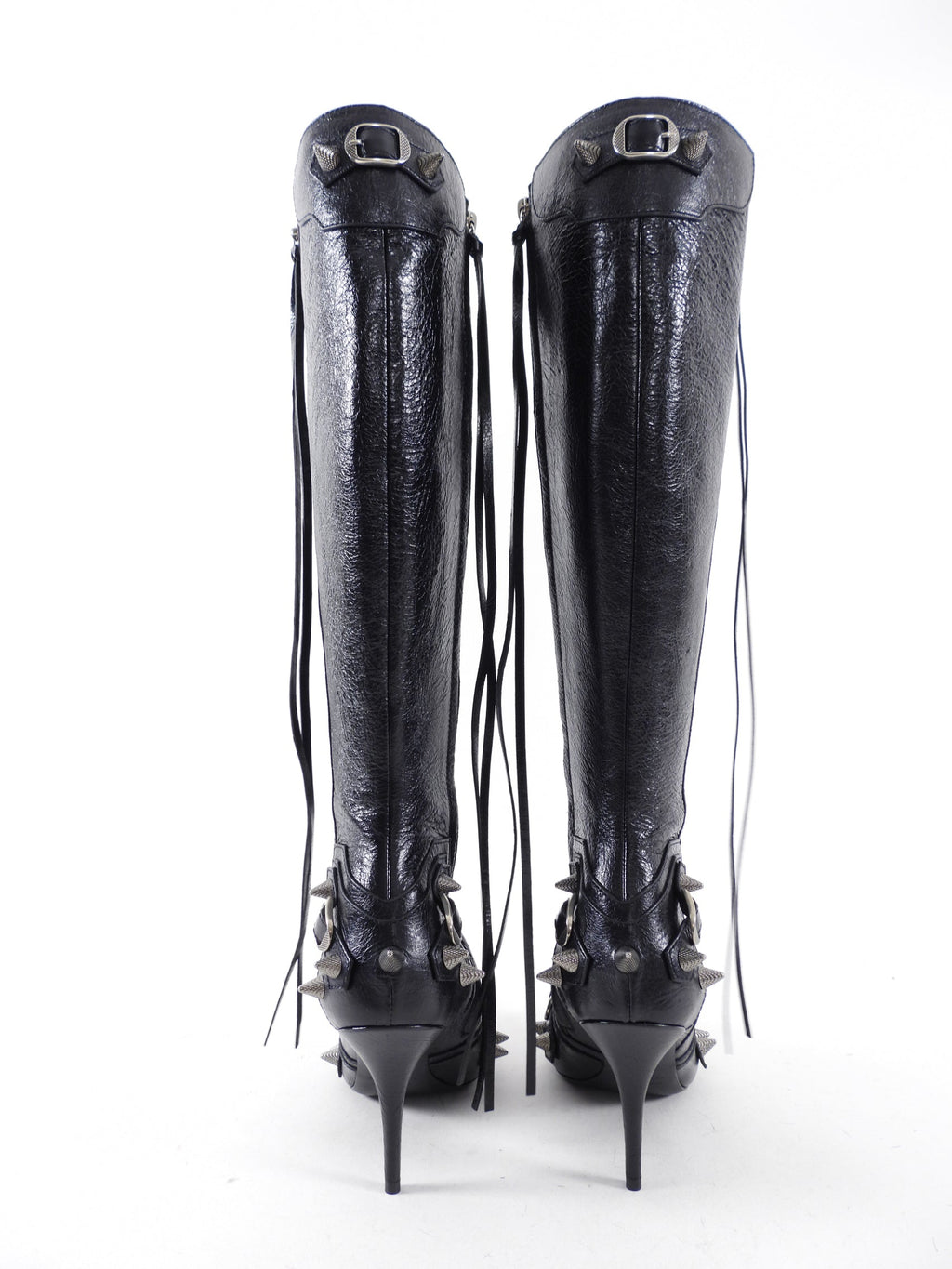 Balenciaga Black Leather Tall Spike Stud Cagole Boots - 38