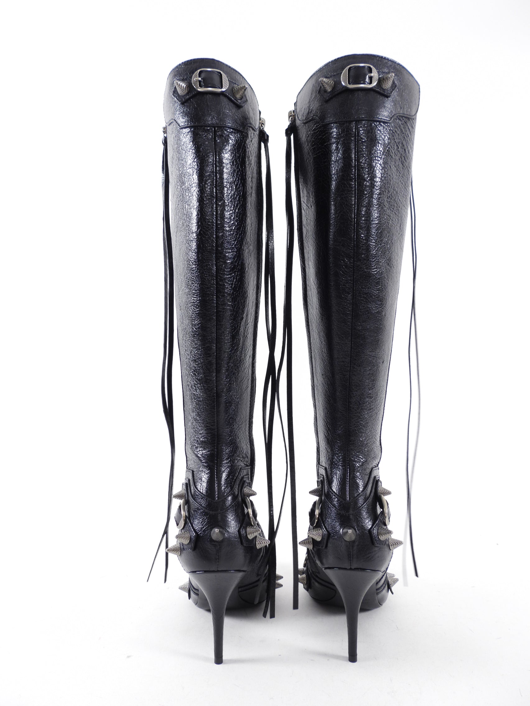 Balenciaga Black Leather Tall Spike Stud Cagole Boots - 38