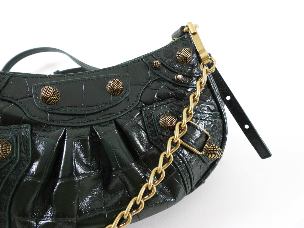Balenciaga Dark Green Croc Embossed Cagole XS Chain Bag