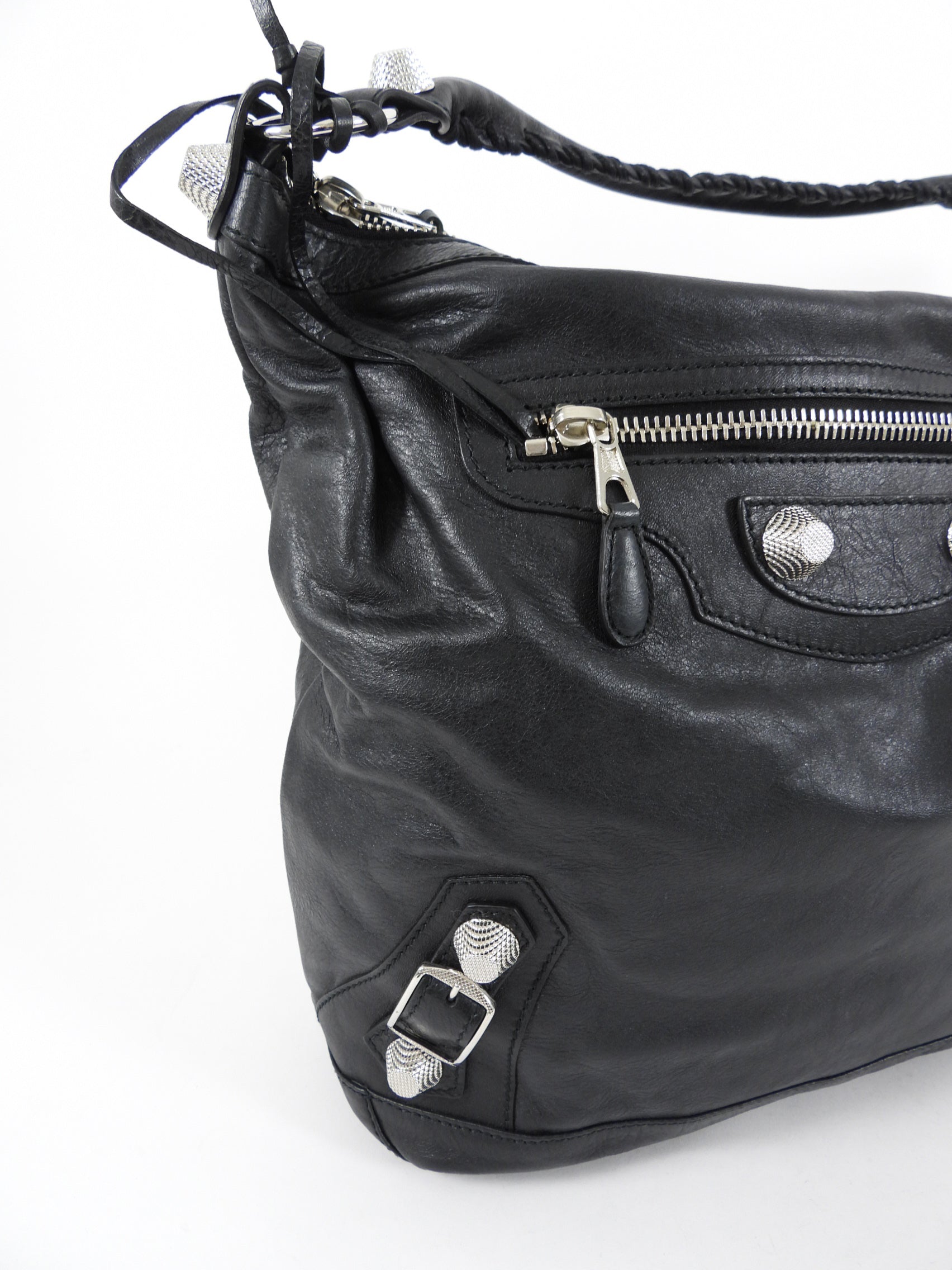 Balenciaga Black Leather Giant Day Shoulder Hobo Bag SHW