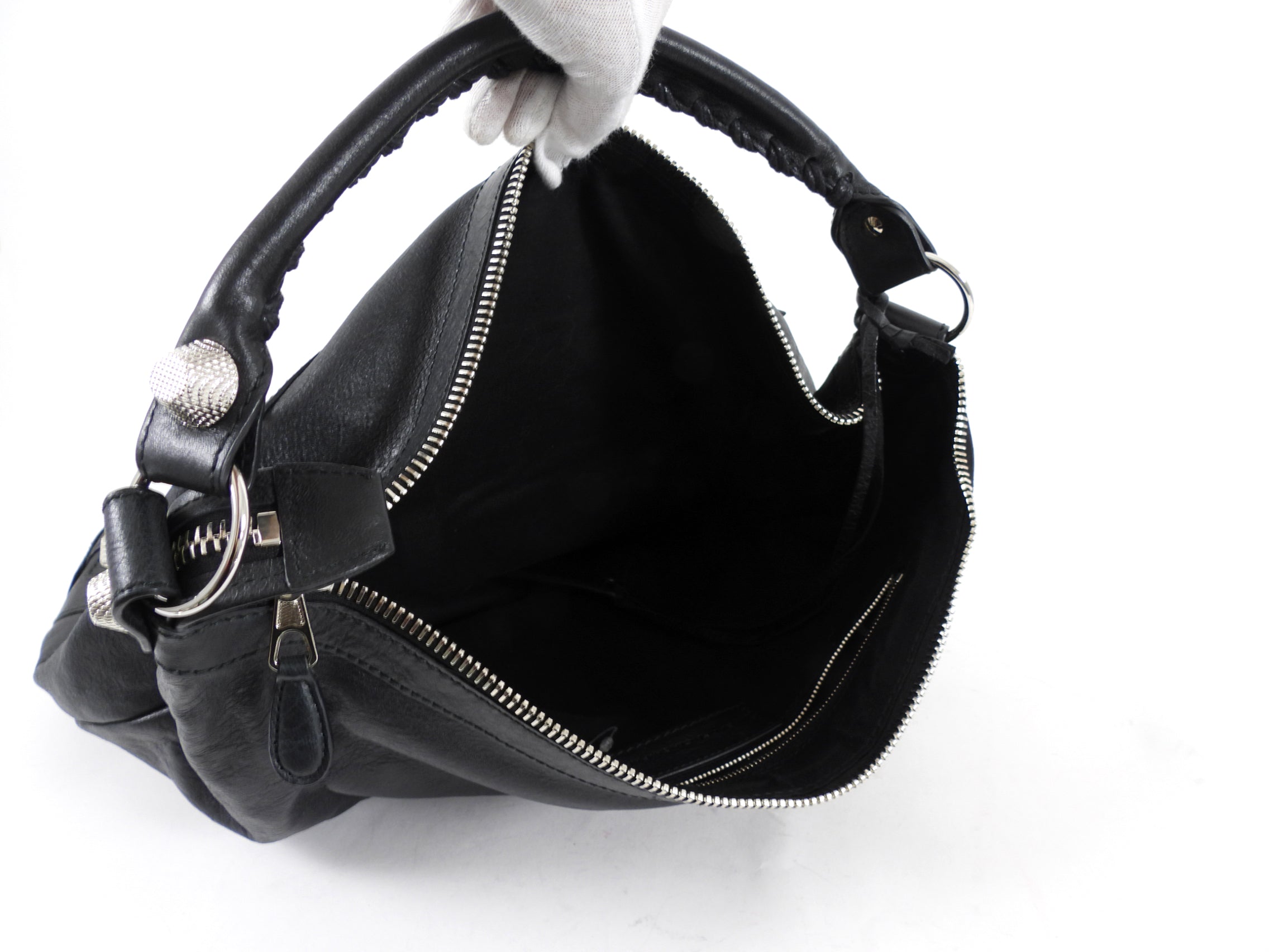 Balenciaga Black Leather Giant Day Shoulder Hobo Bag SHW
