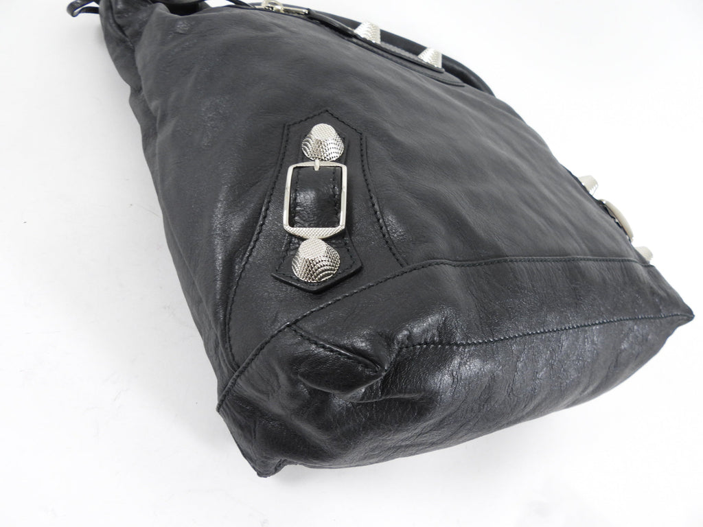 Balenciaga Black Leather Giant Day Shoulder Hobo Bag SHW