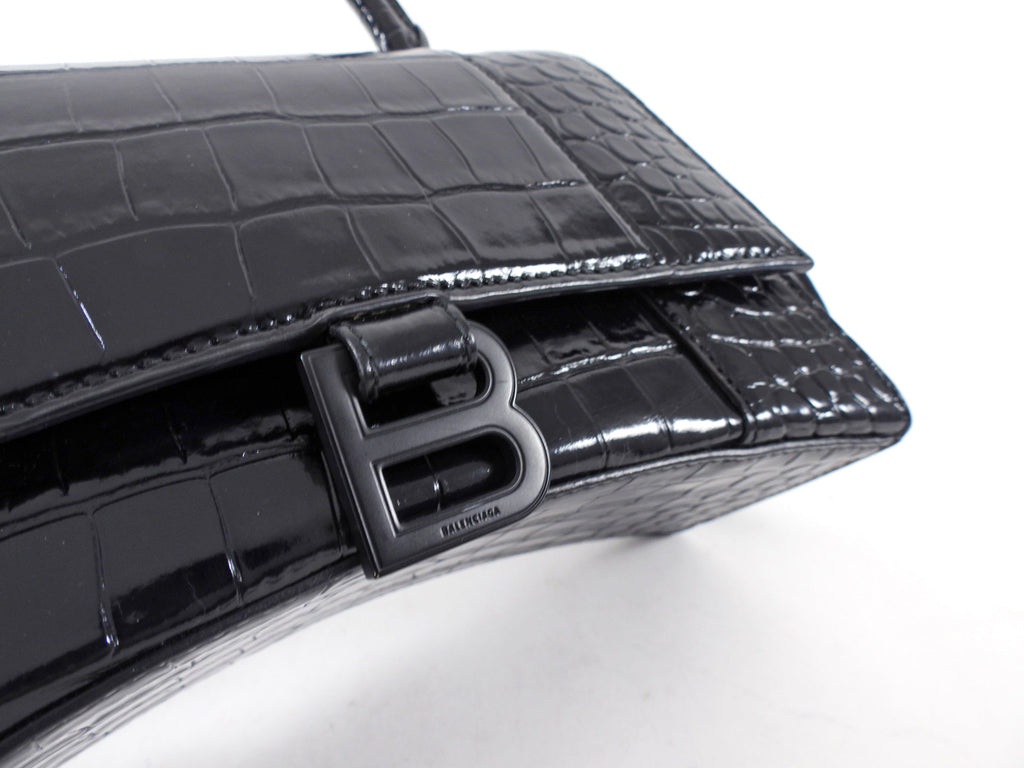 Balenciaga  All Black Croc Embossed Hourglass XS Bag