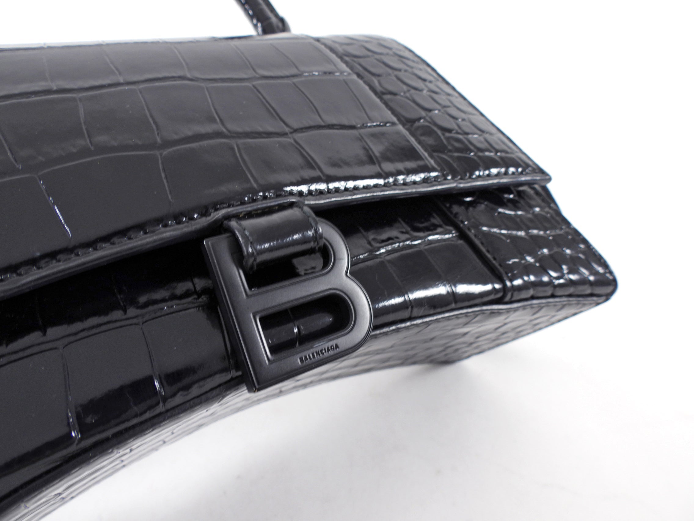 Balenciaga  All Black Croc Embossed Hourglass XS Bag