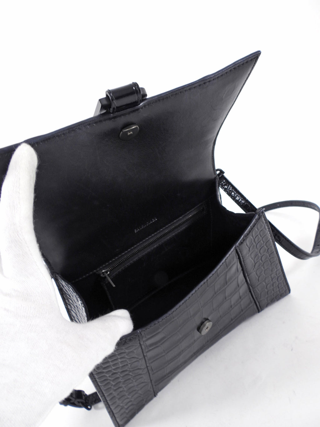 Balenciaga  All Black Croc Embossed Hourglass XS Bag