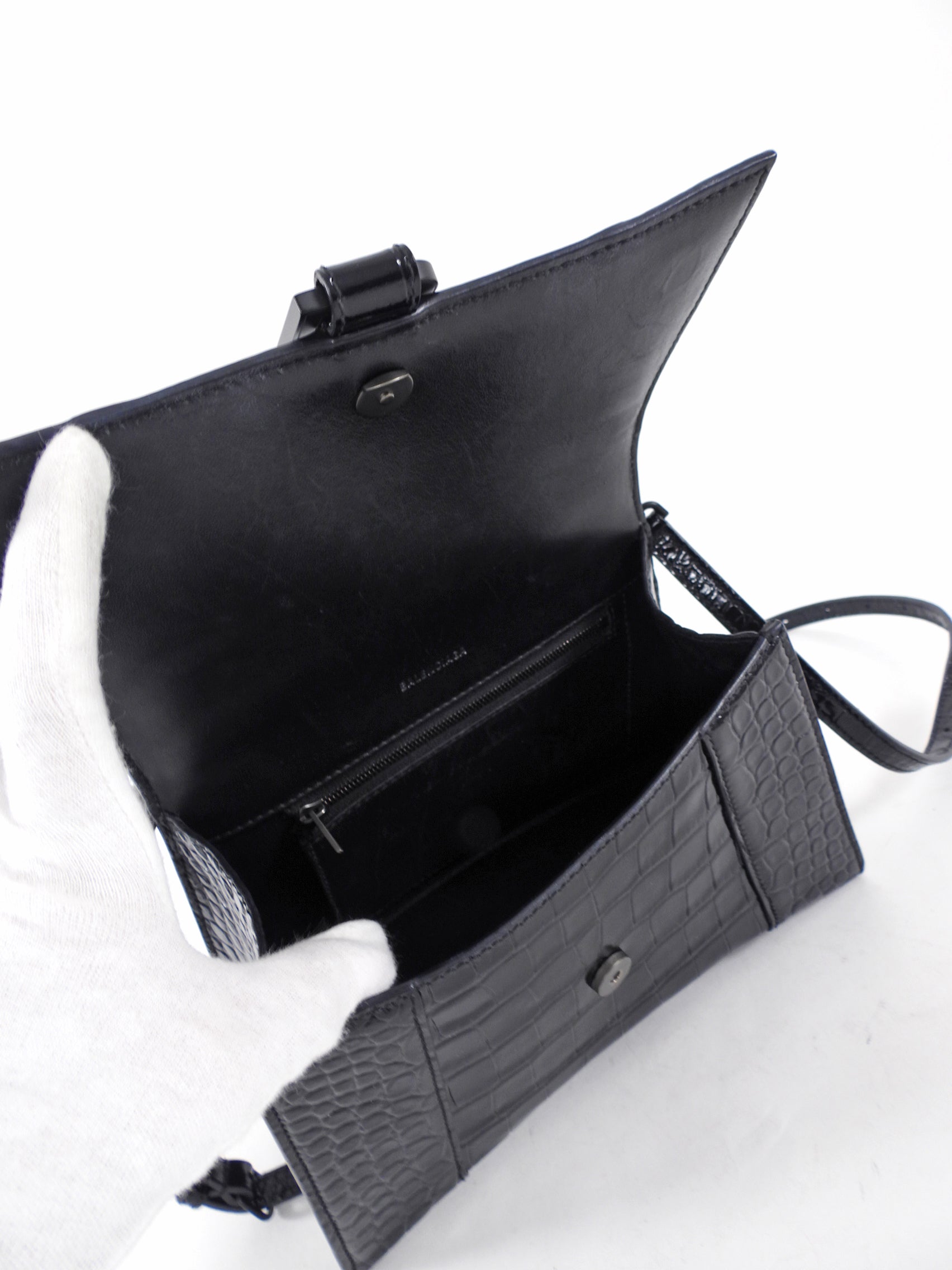 Balenciaga  All Black Croc Embossed Hourglass XS Bag