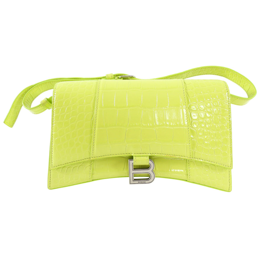 Balenciaga Neon Lime Shiny Croc Embossed Hourglass Shoulder Bag