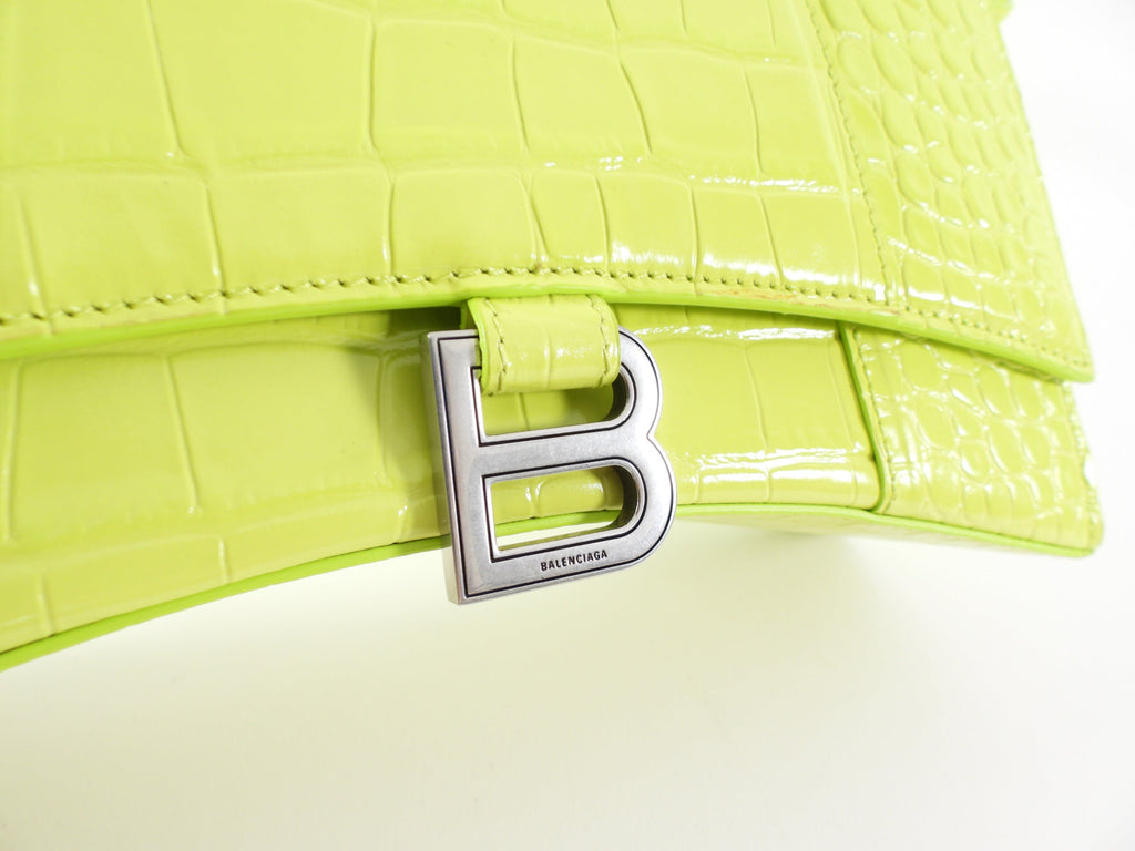 Balenciaga Neon Lime Shiny Croc Embossed Hourglass Shoulder Bag