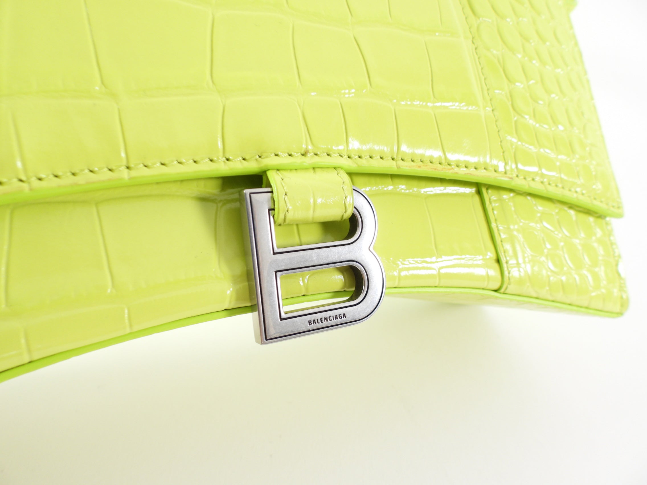 Balenciaga Neon Lime Shiny Croc Embossed Hourglass Shoulder Bag