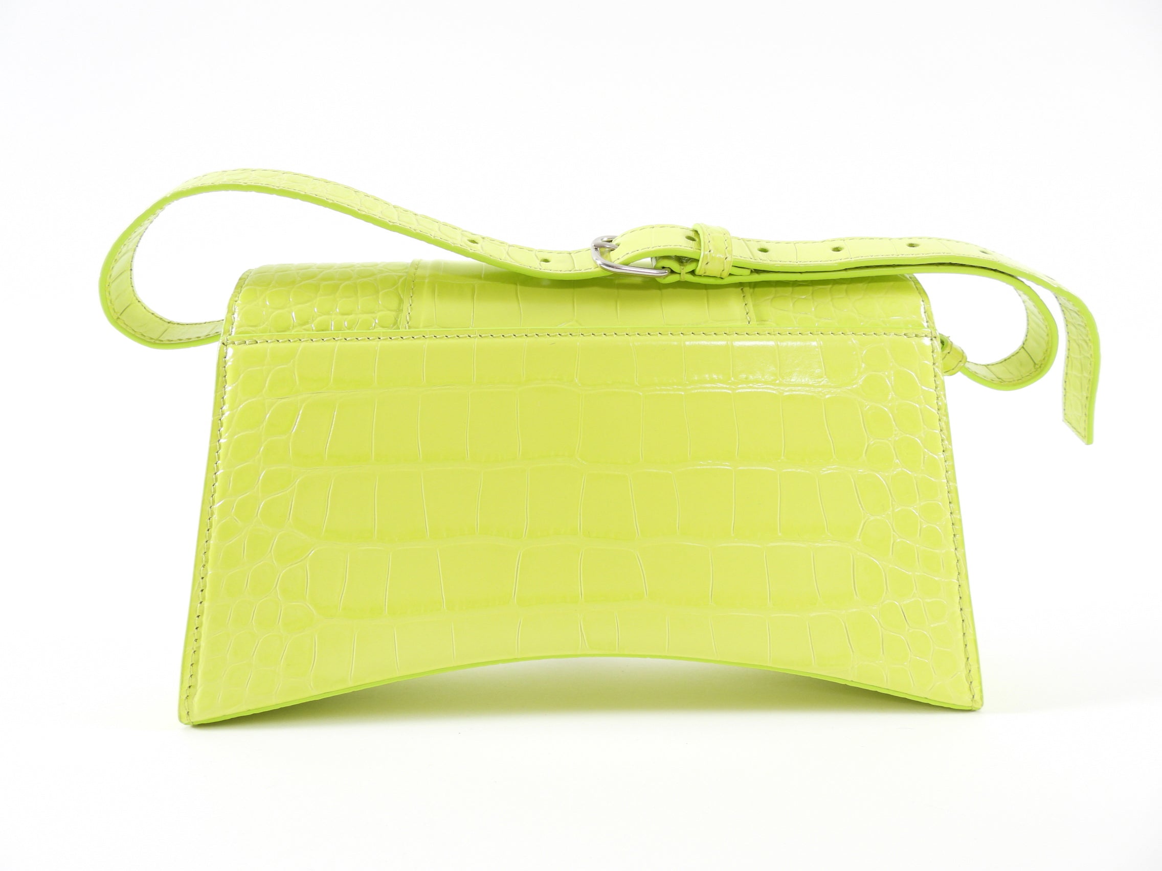 Balenciaga Neon Lime Shiny Croc Embossed Hourglass Shoulder Bag