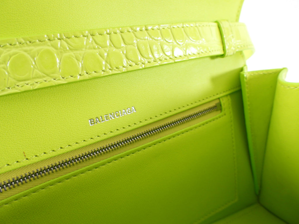 Balenciaga Neon Lime Shiny Croc Embossed Hourglass Shoulder Bag