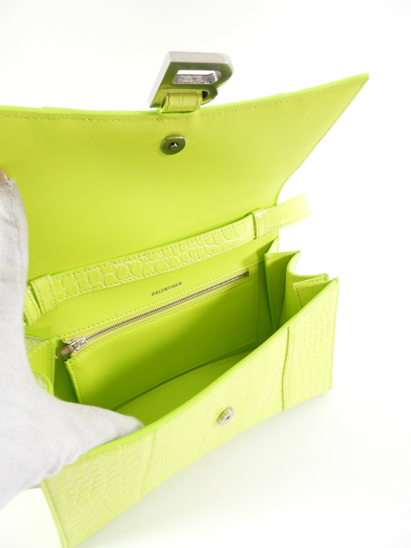 Balenciaga Neon Lime Shiny Croc Embossed Hourglass Shoulder Bag