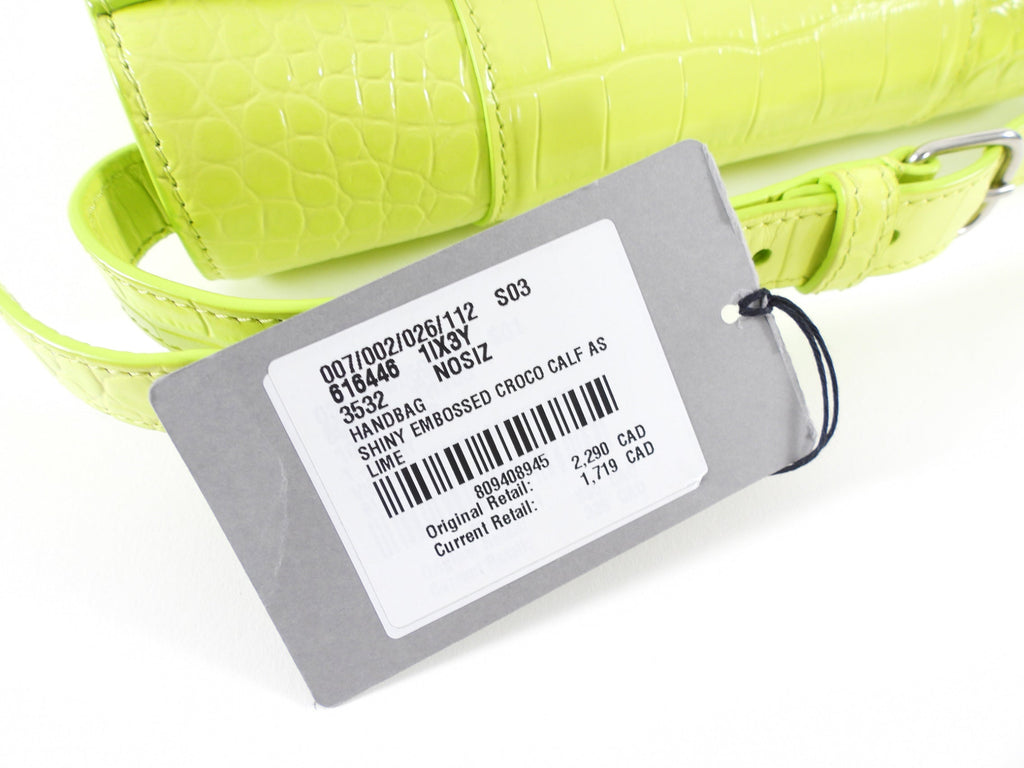 Balenciaga Neon Lime Shiny Croc Embossed Hourglass Shoulder Bag