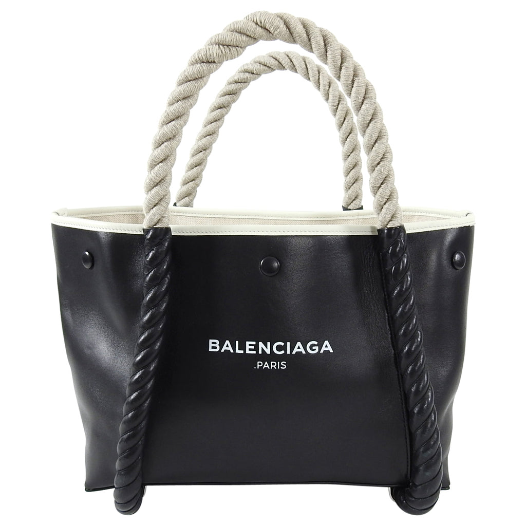 Balenciaga Black Leather Logo Cabas Cord Rope Bag