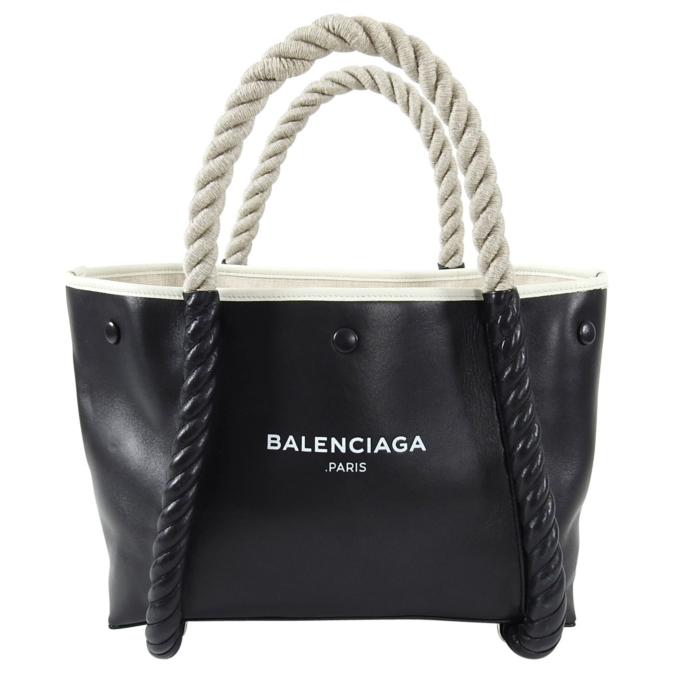 Balenciaga Black Leather Logo Cabas Cord Rope Bag