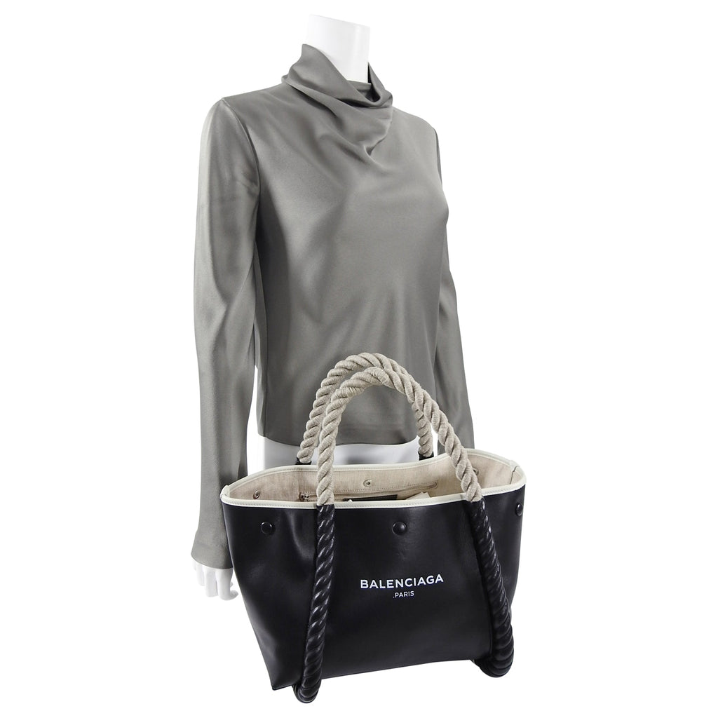 Balenciaga Black Leather Logo Cabas Cord Rope Bag