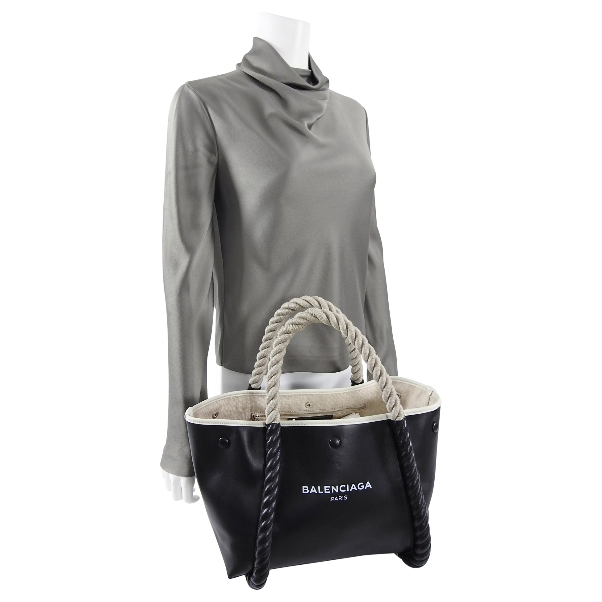Balenciaga Black Leather Logo Cabas Cord Rope Bag