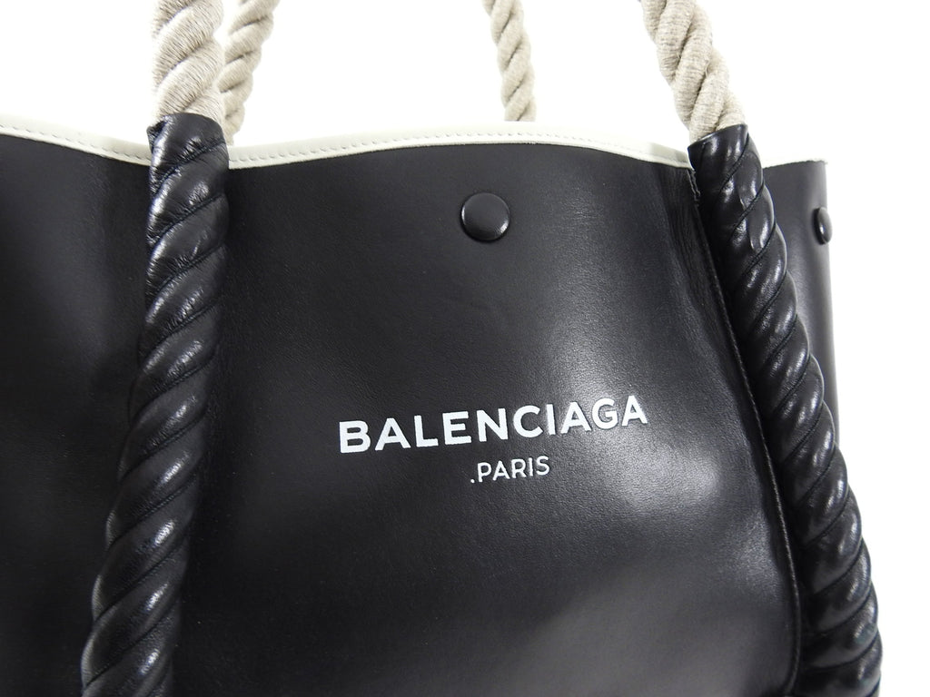 Balenciaga Black Leather Logo Cabas Cord Rope Bag