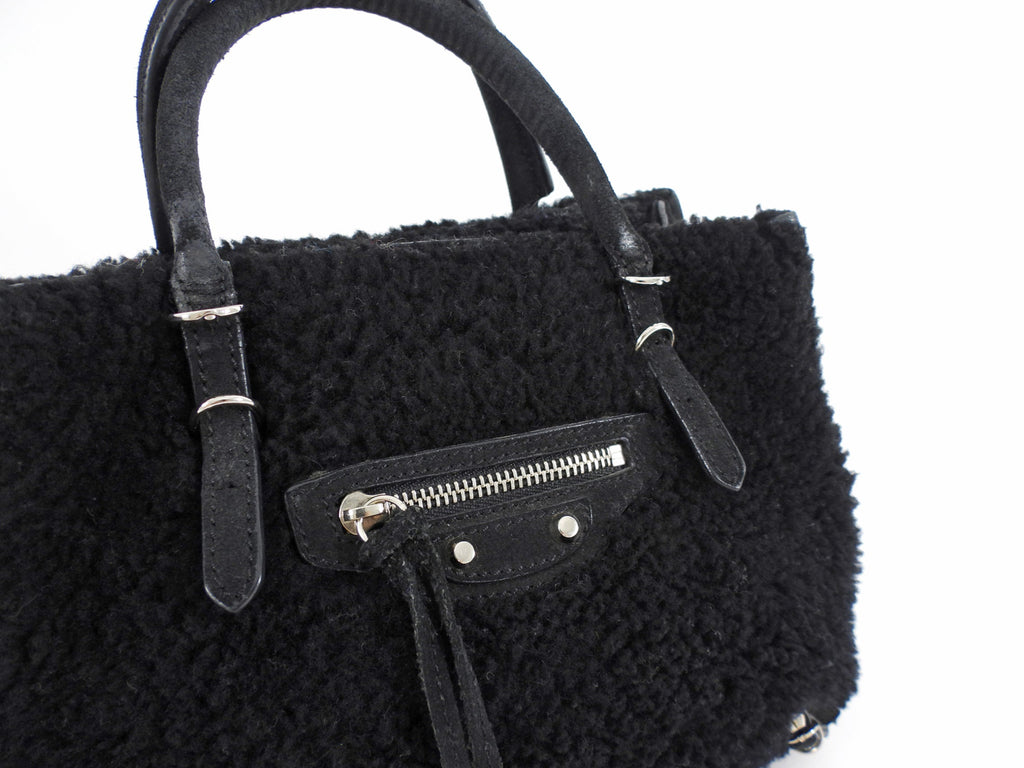 Balenciaga Black Shearling and Suede Papier Mini Tote Bag
