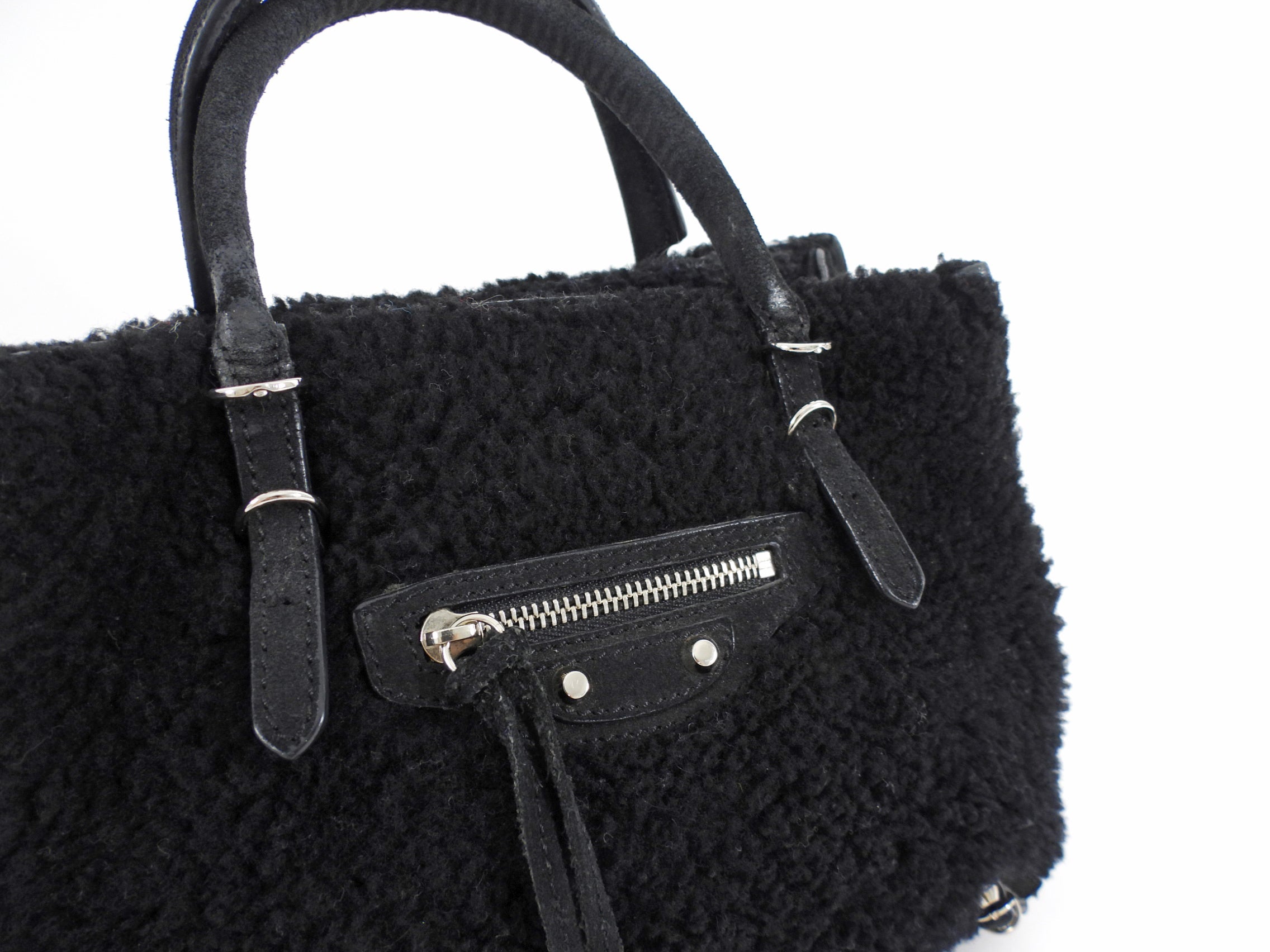 Balenciaga Black Shearling and Suede Papier Mini Tote Bag