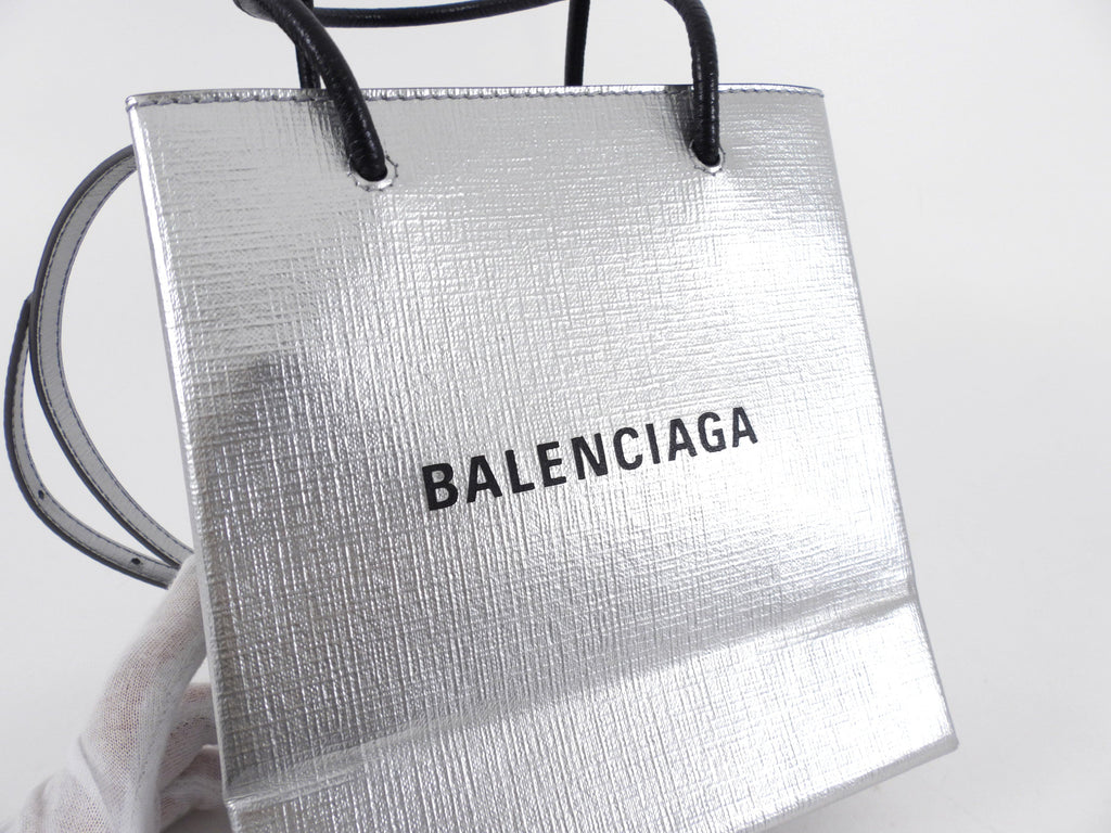 Balenciaga Silver Logo Shopping XXS North South Bag