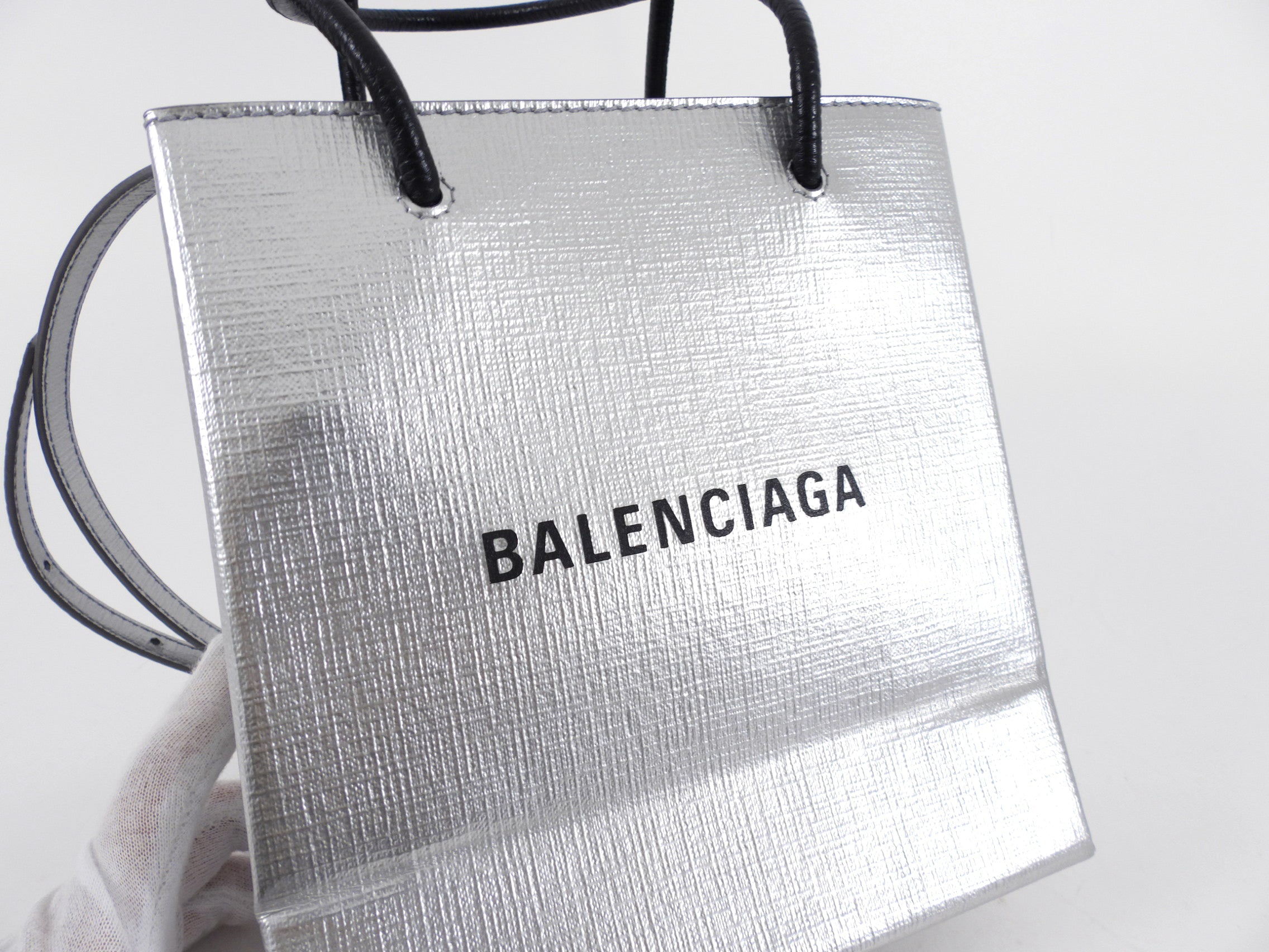 Balenciaga Silver Logo Shopping XXS North South Bag