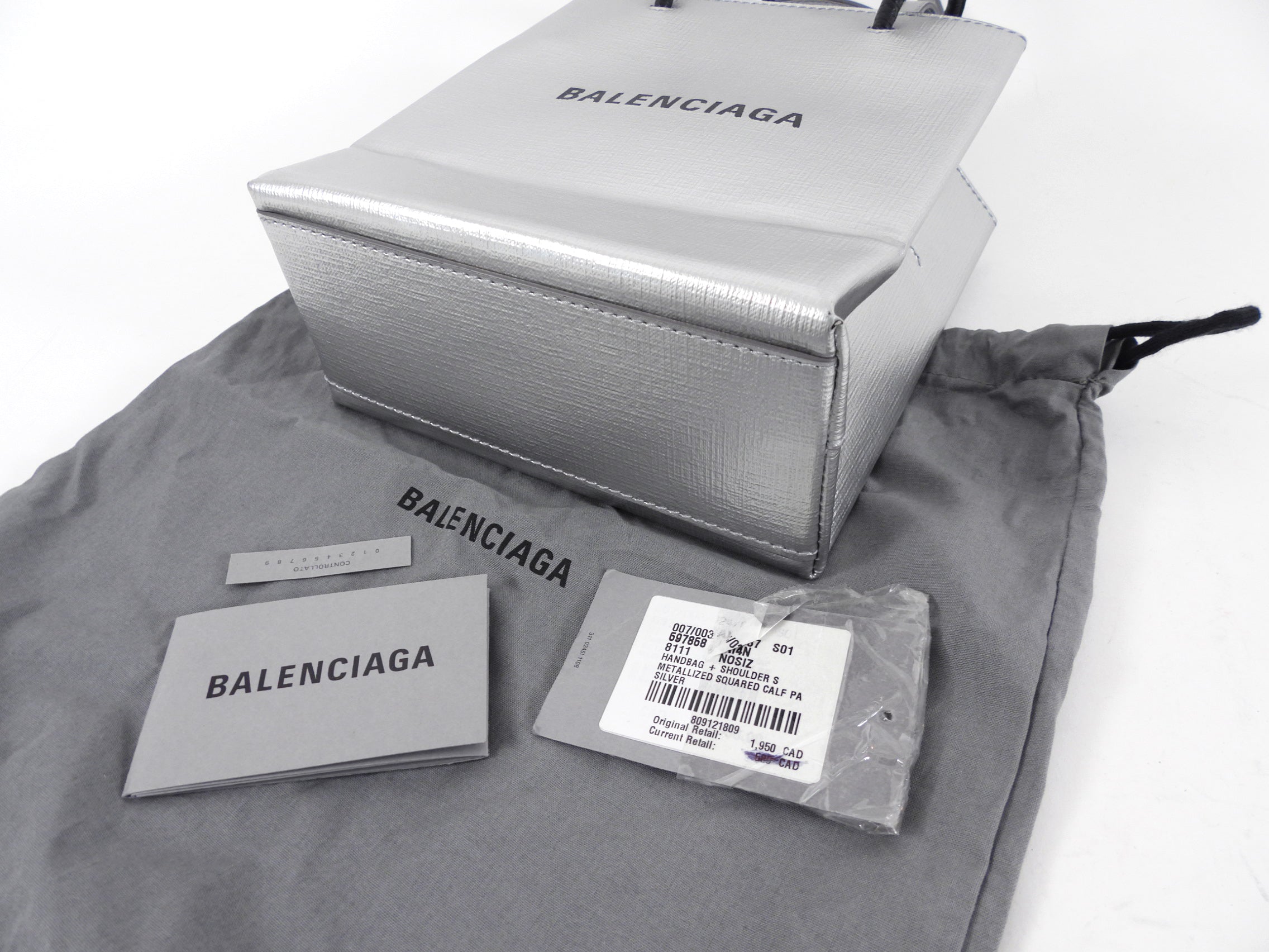 Balenciaga Silver Logo Shopping XXS North South Bag