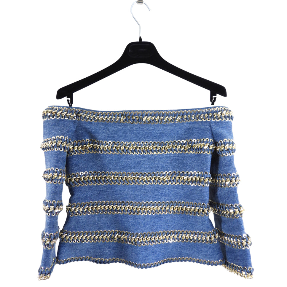 Balmain SS 2014 Runway Denim Chain Off Shoulder Top - FR38