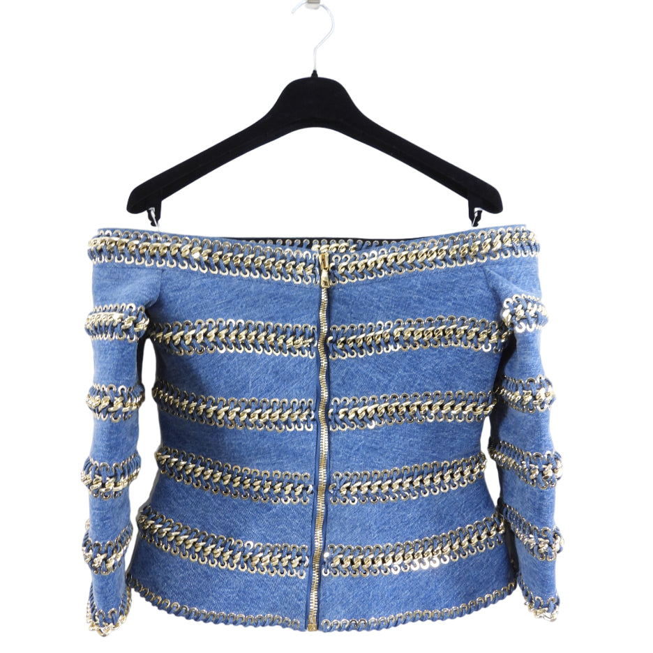 Balmain SS 2014 Runway Denim Chain Off Shoulder Top - FR38