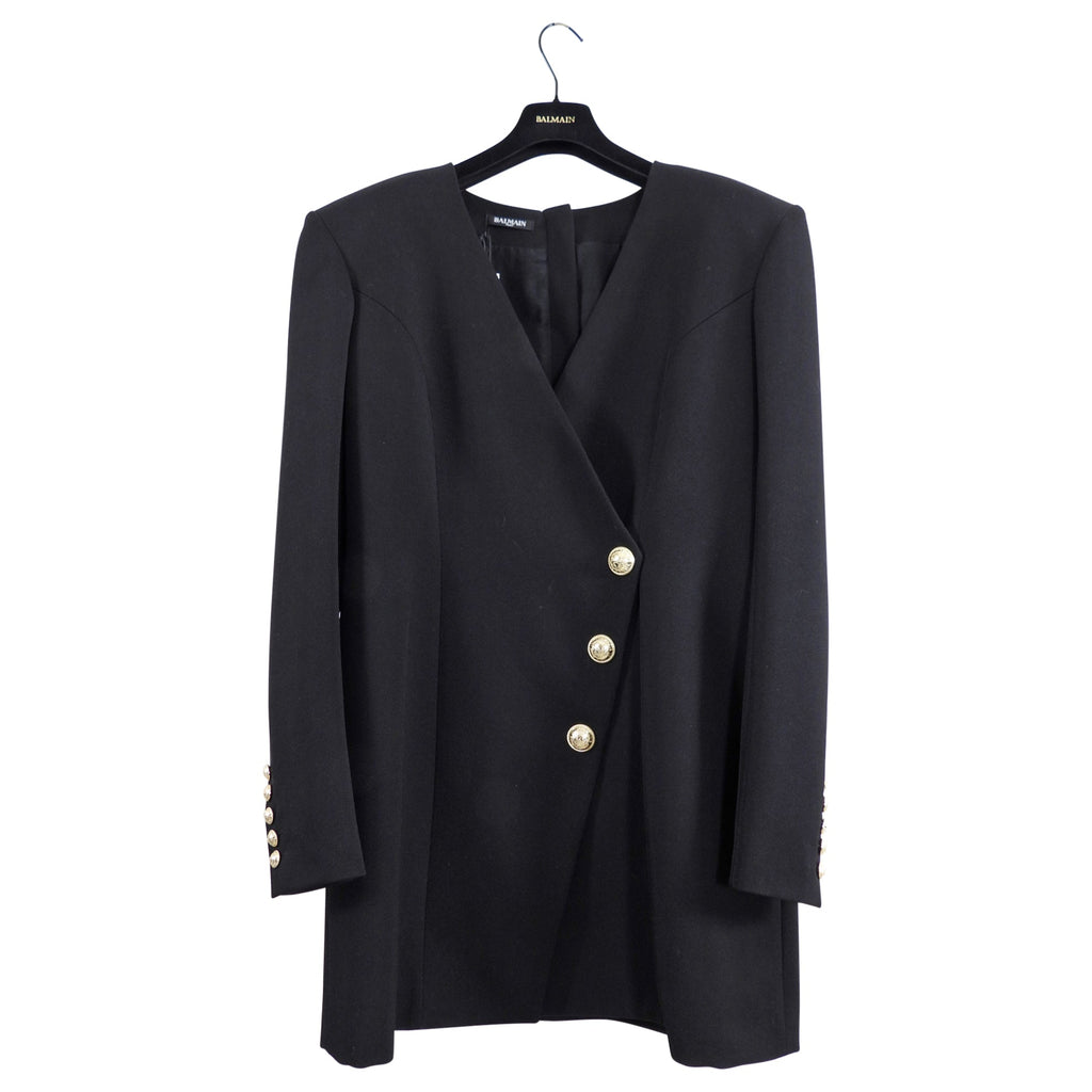 Balmain Black Wool Cache-Coeur Blazer Dress with Gold Buttons - USA 12