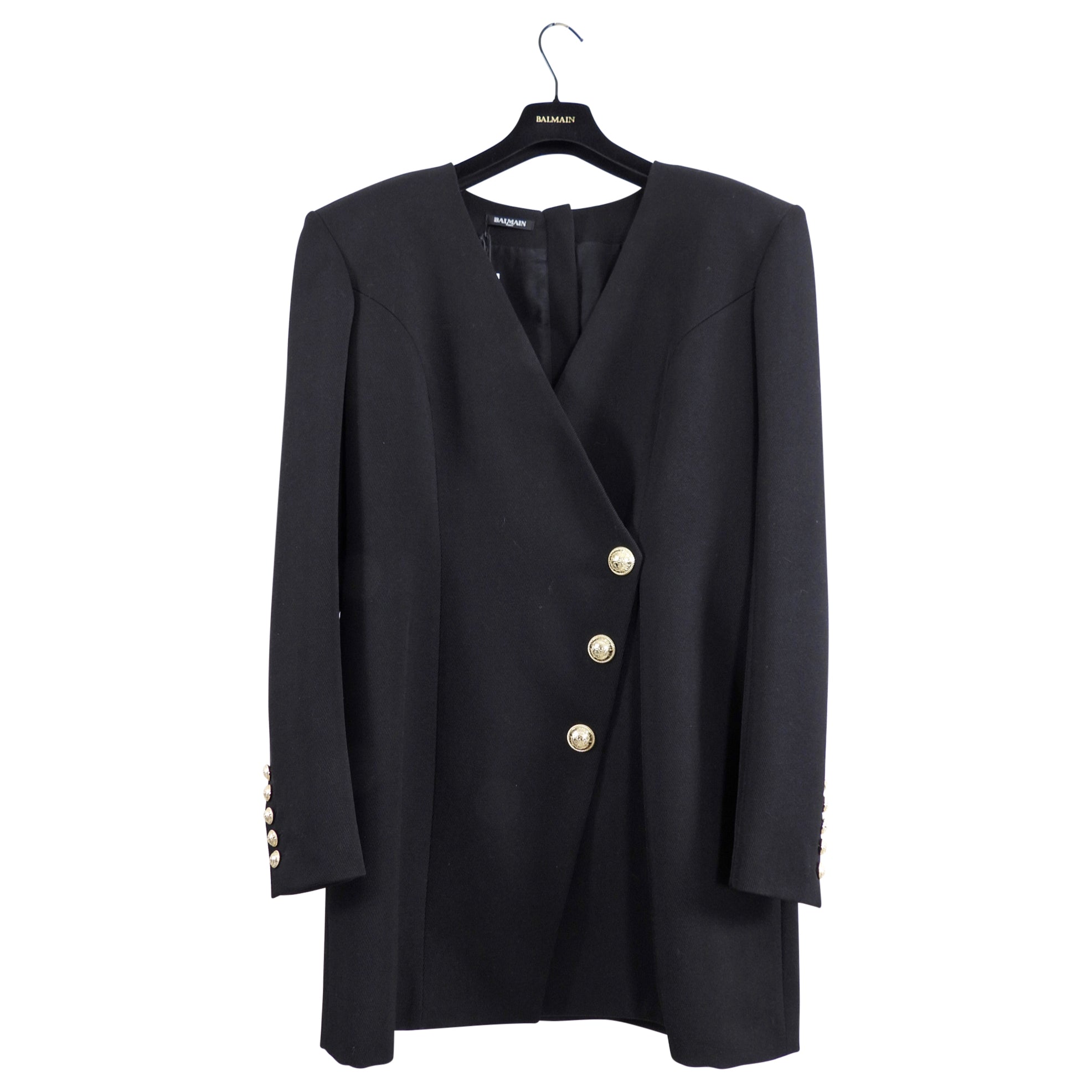 Balmain Black Wool Cache-Coeur Blazer Dress with Gold Buttons - USA 12