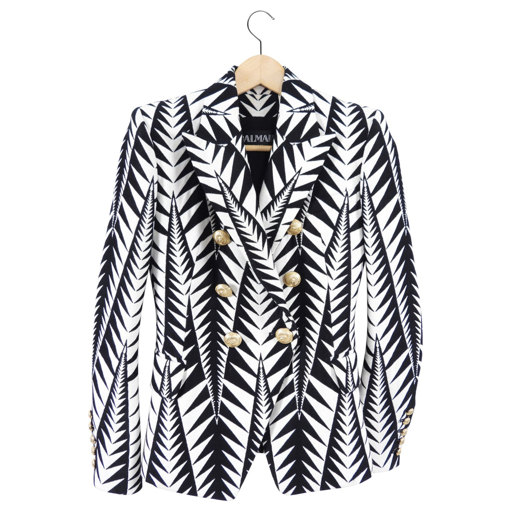 Balmain Black and White Geometric Pattern Blazer - USA 0