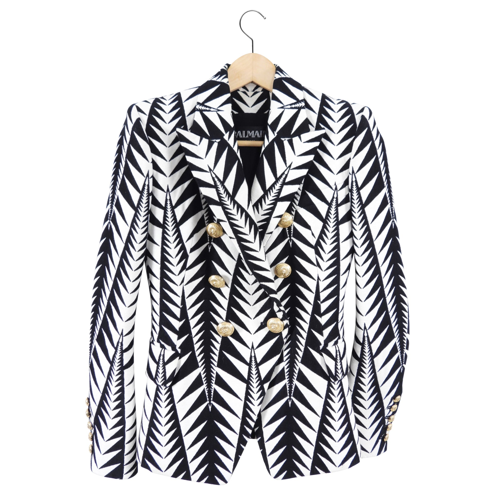 Balmain Black and White Geometric Pattern Blazer - USA 0
