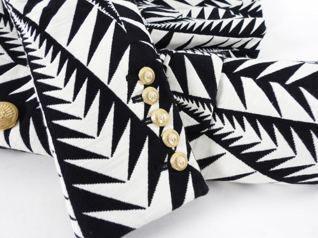 Balmain Black and White Geometric Pattern Blazer - USA 0