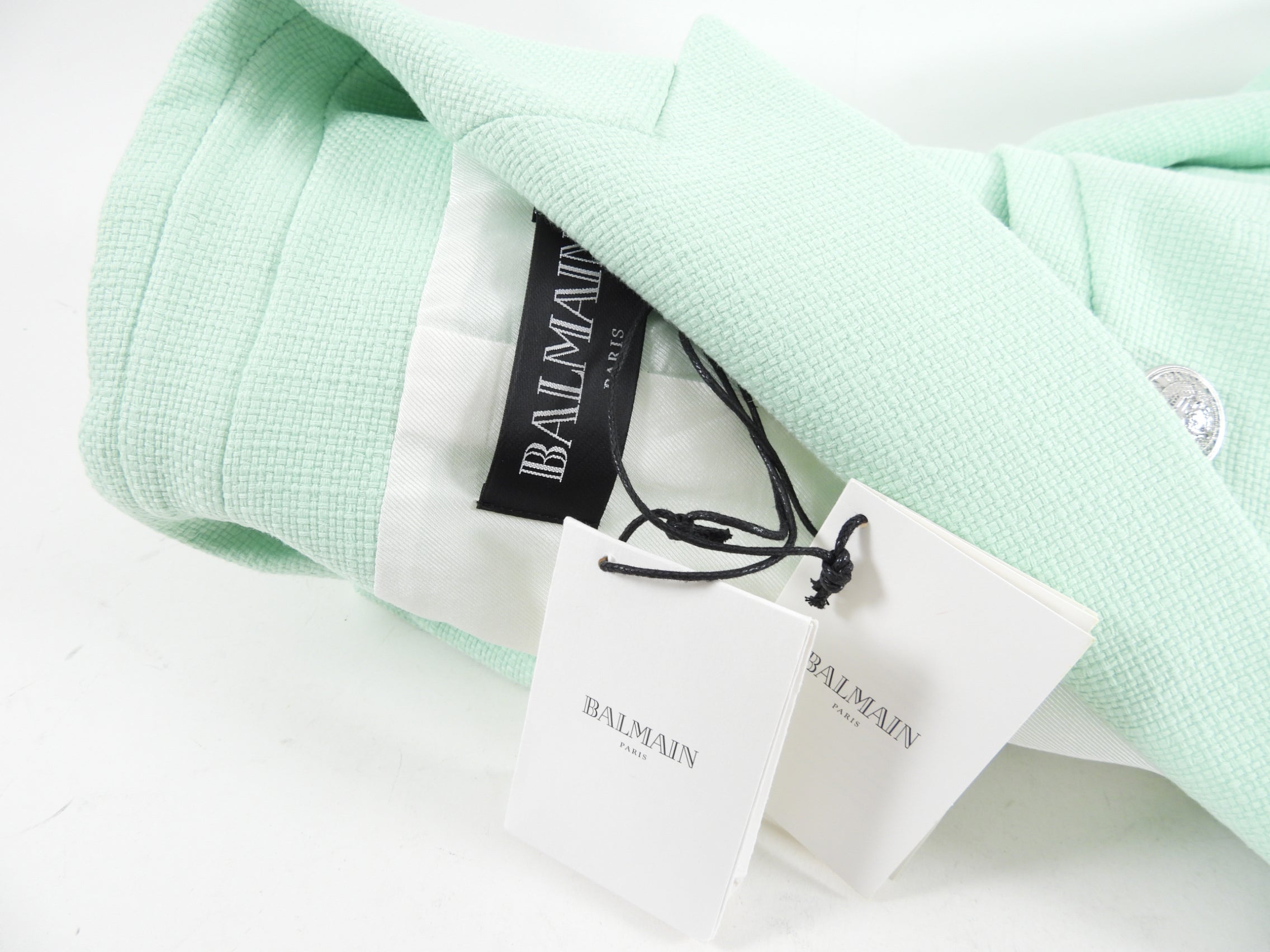 Balmain Mint Green Linen Blend Blazer with Silver Buttons - USA 12