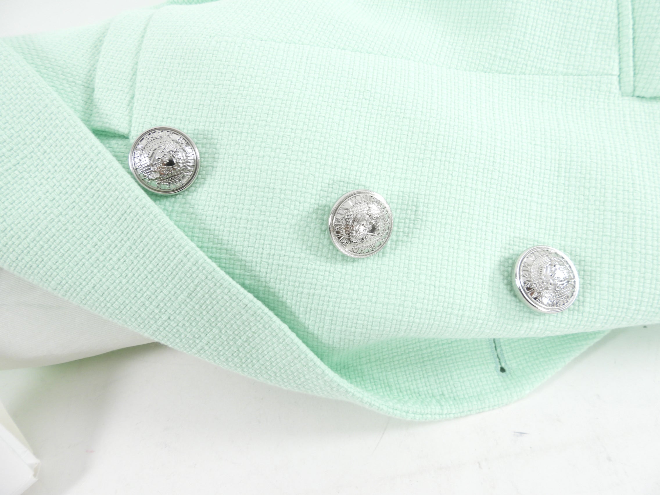 Balmain Mint Green Linen Blend Blazer with Silver Buttons - USA 12