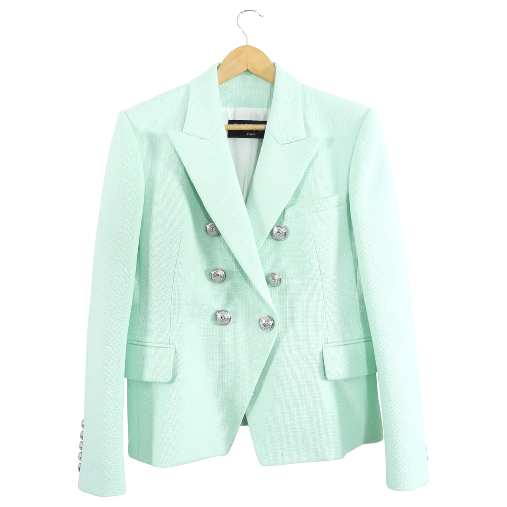 Balmain Mint Green Linen Blend Blazer with Silver Buttons - USA 12