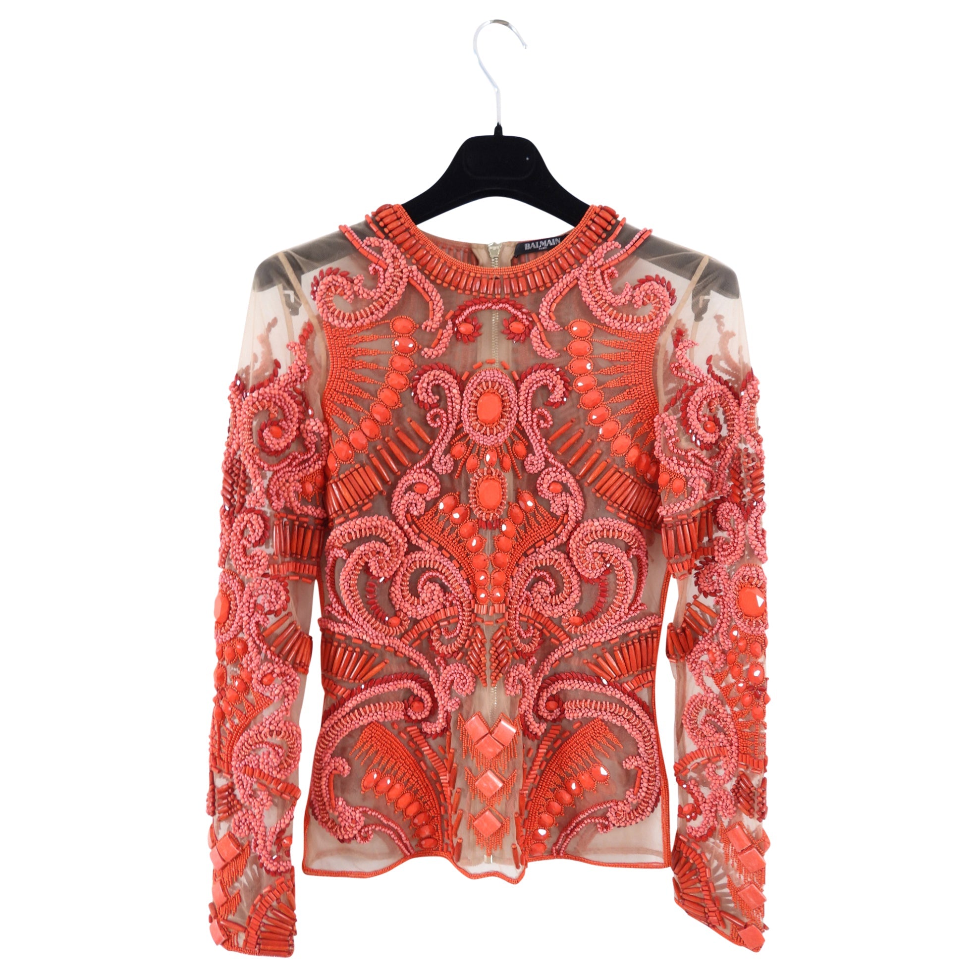Balmain Red Glass and Wood Heavily Beaded Top - FR36 / S
