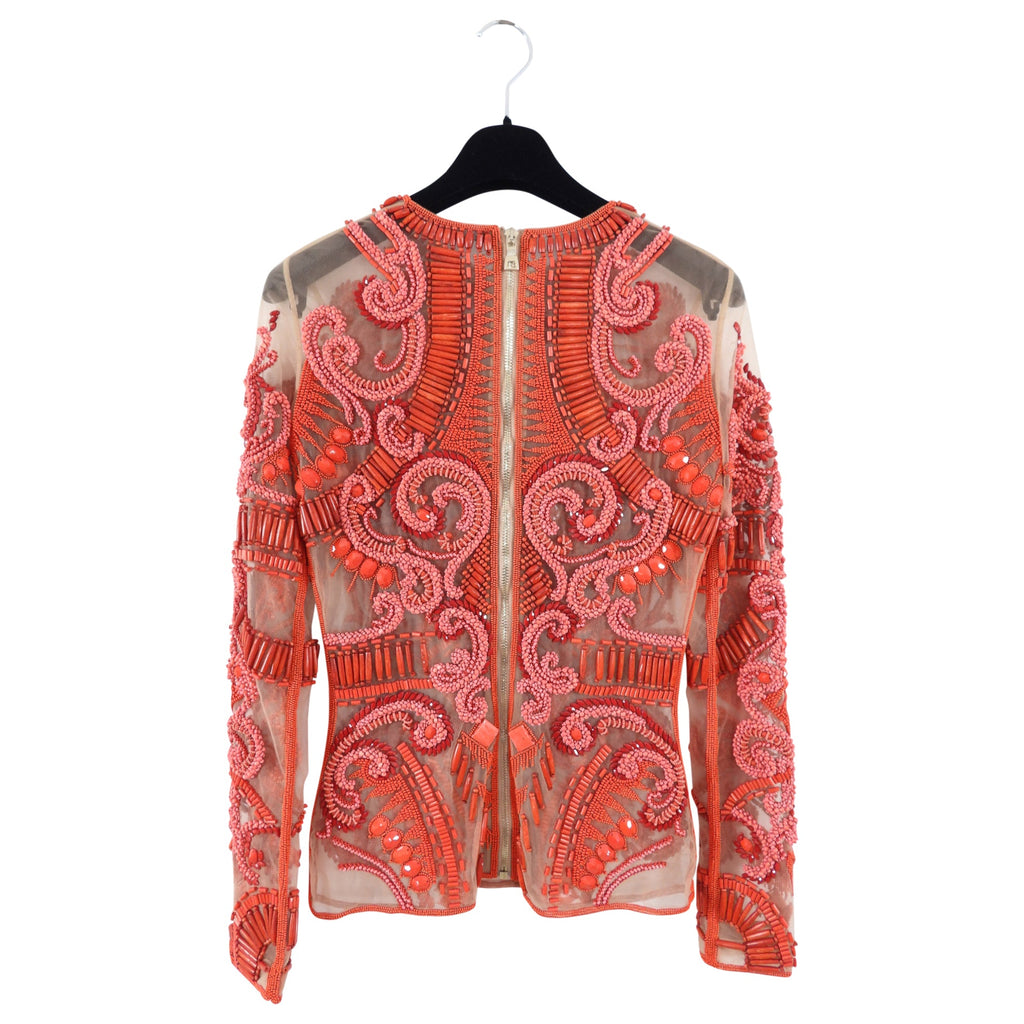 Balmain Red Glass and Wood Heavily Beaded Top - FR36 / S