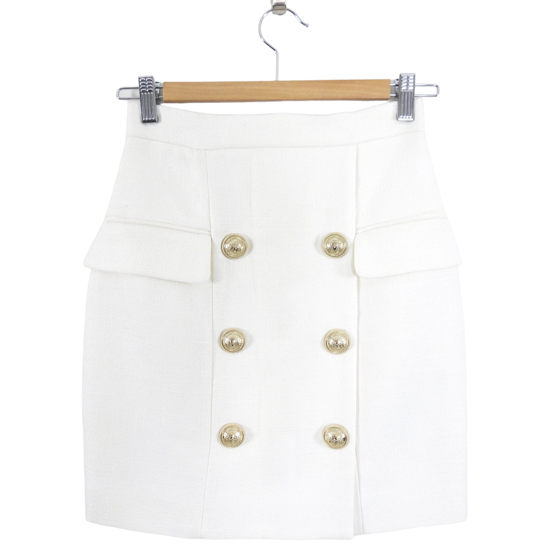 Balmain Ivory Linen Mini Pencil Skirt with Gold Buttons - XS