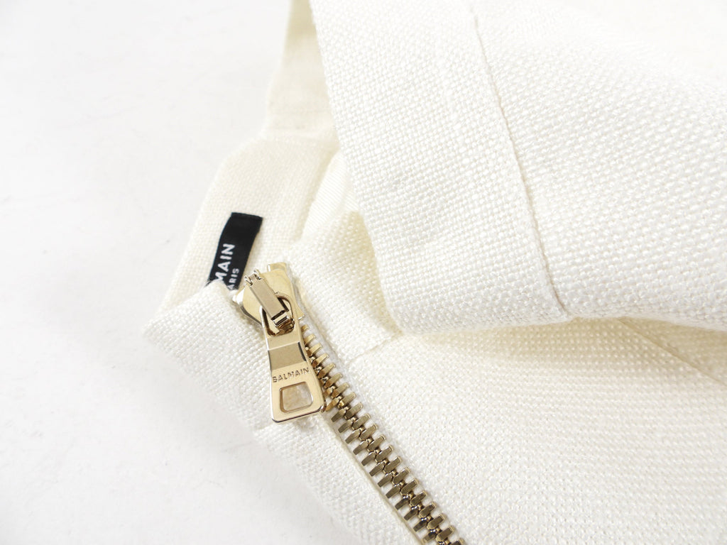 Balmain Ivory Linen Mini Pencil Skirt with Gold Buttons - XS