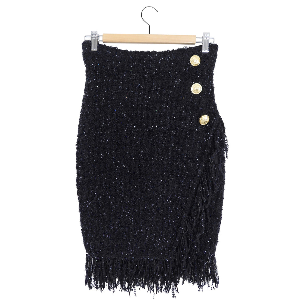 Balmain Stretch Knit Shimmer Tweed Fringe Pencil Skirt - FR40 / USA M