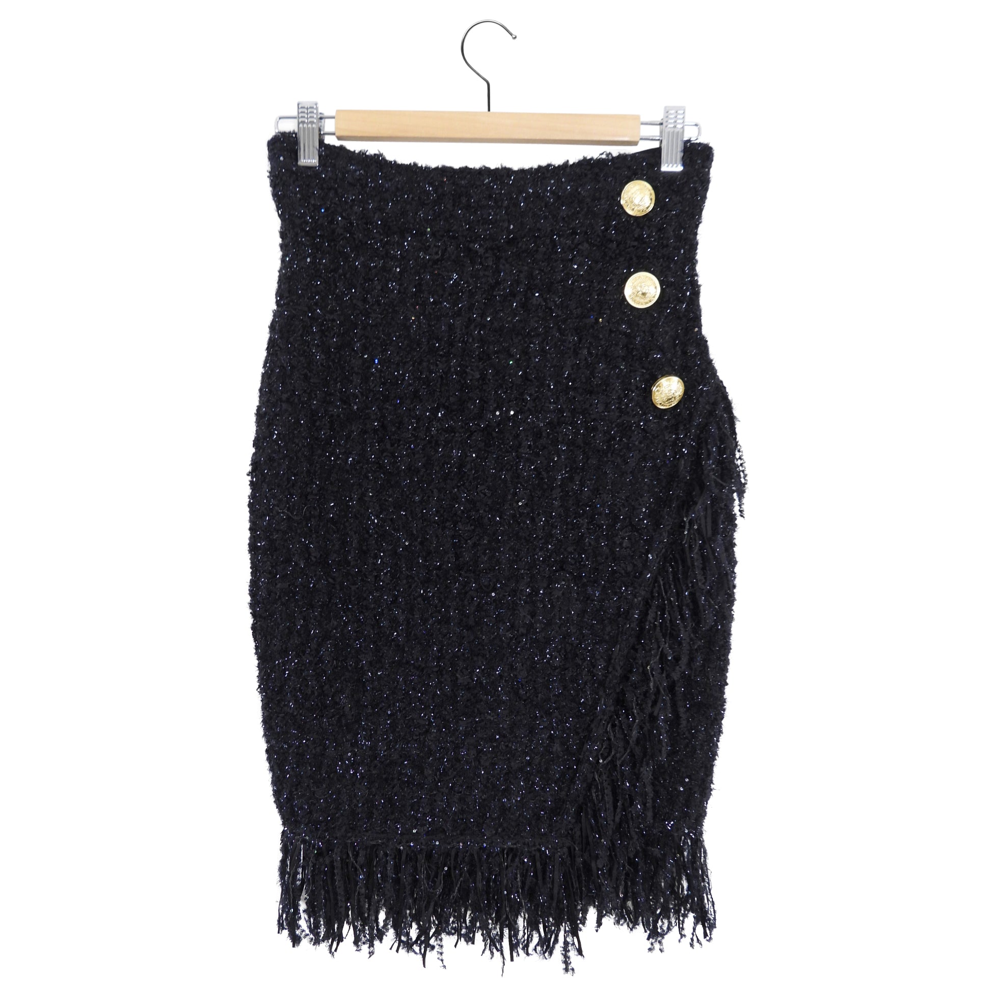 Balmain Stretch Knit Shimmer Tweed Fringe Pencil Skirt - FR40 / USA M