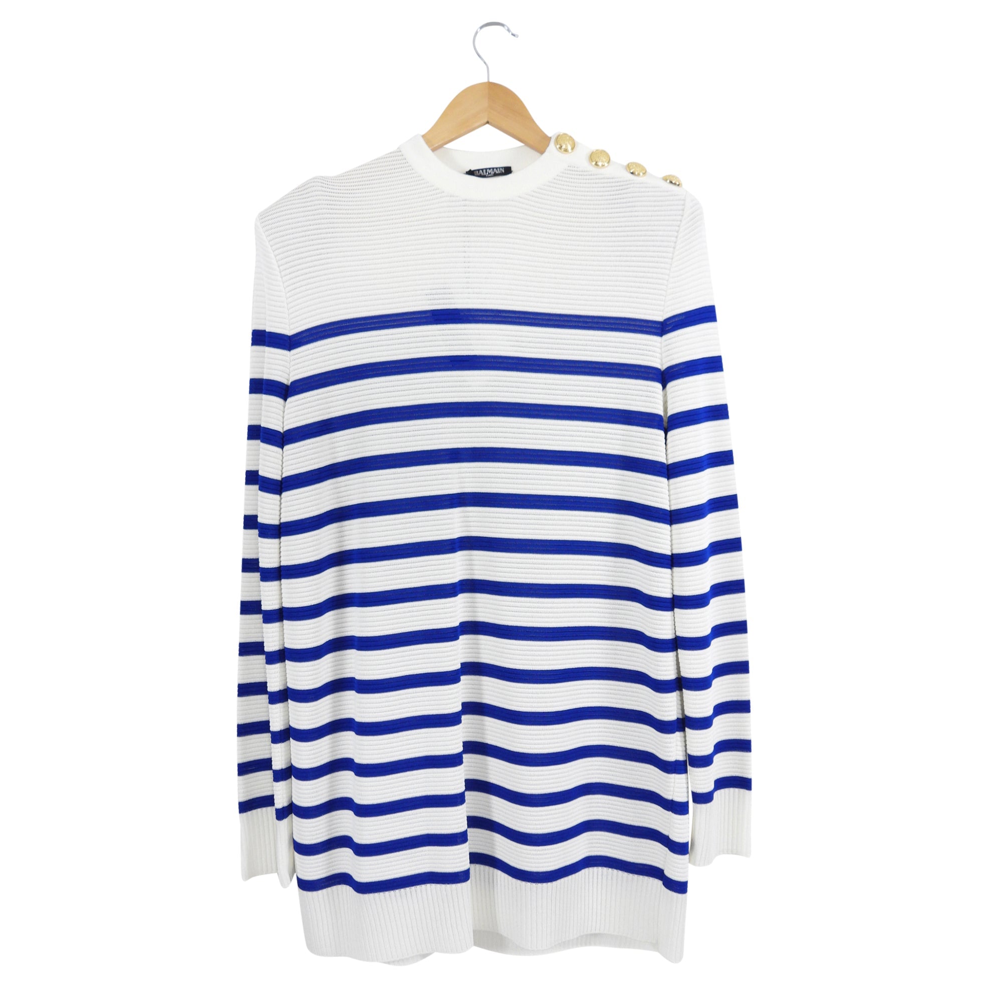 Balmain Blue and Ivory Long Sleeve 3 Button Striped Sweater - FR40 / 8