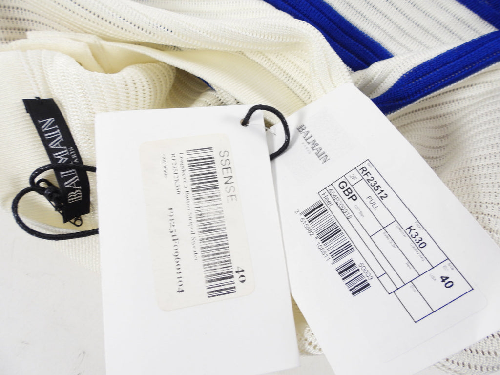 Balmain Blue and Ivory Long Sleeve 3 Button Striped Sweater - FR40 / 8